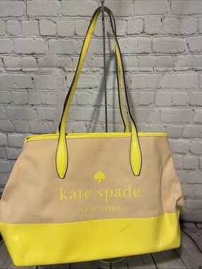 kate spade Beige Canvas Tote with Yellow Trim